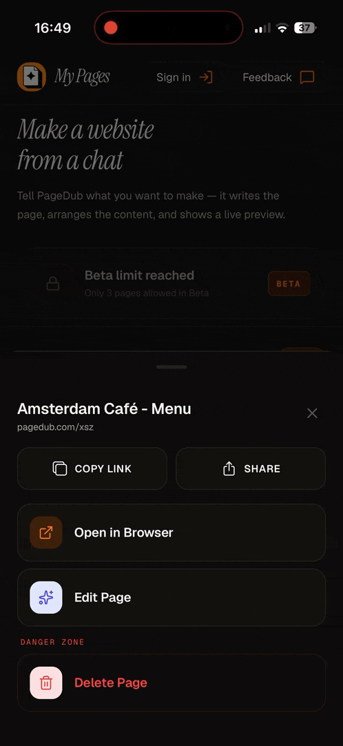Screen recording of sharing a published PageDub website from iPhone